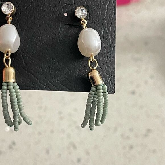 Rachel Roy Boho Dangle Earrings – Mint Beads, Pearl Drop & Rhinestone Stud - Picture 3 of 7